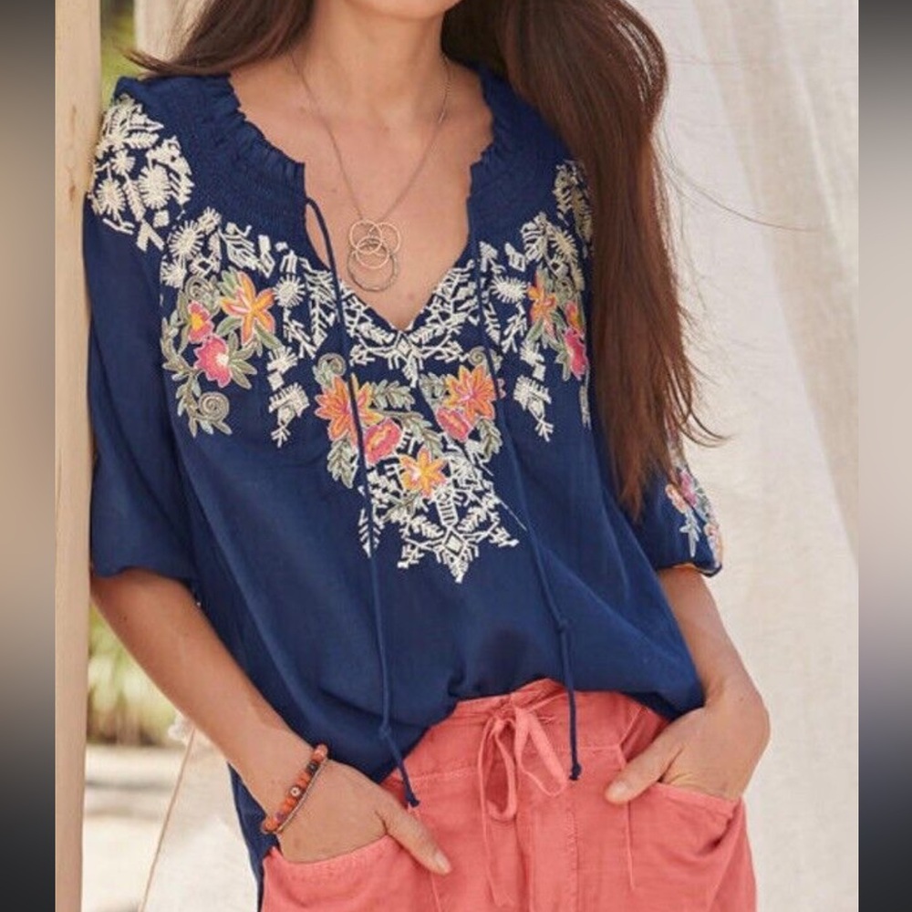 Sundance Navy Blue Embroidered Floral Peasant Top